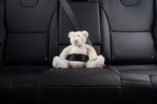 "Cute white teddy bear fastened with a seat belt on the black leather rear car seat"