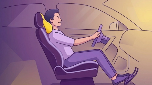 "Cartoon of a driver using a yellow memory foam car headrest to maintain correct safe driving posture"