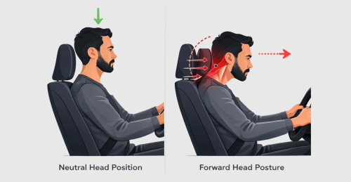 "Comparison illustration showing healthy neutral head driving posture vs harmful forward head posture causing neck pain"