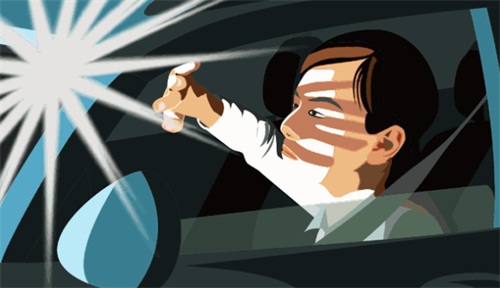 "Safety illustration showing a driver being dazzled by high beam headlights from an oncoming car"