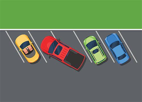 "Top-down illustration of several cars parked in standard angled parking spaces on an asphalt lot"