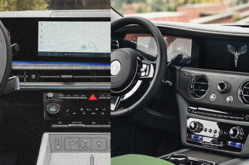 "Split interior shot of a luxury Rolls-Royce cockpit featuring a large navigation screen, classic physical control knobs and dual instrument displays“