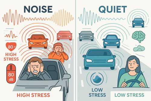 "Comparison illustration showing high traffic noise causing driver stress versus quiet in-car environment reducing driving pressure
