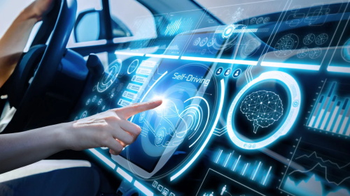"Futuristic holographic intelligent self-driving vehicle interactive cockpit concept image, the driver touches a transparent floating high-tech data interface to control vehicle functions"