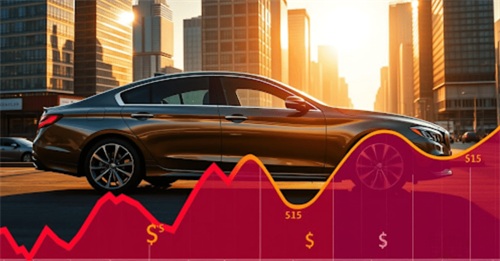A luxury sedan set against a downtown city skyline, overlaid with a price fluctuation line chart that reflects automotive market price trends, vehicle depreciation and market value changes.