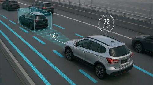 Demonstration of ACC adaptive cruise control. The vehicle detects the car ahead in real time, driving at 72 km/h with a 1.6-second following interval. It automatically accelerates and decelerates to maintain a safe distance from the leading vehicle.