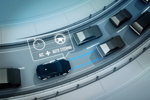Schematic diagram of ACC full-speed adaptive cruise combined with lane centering assist. The vehicle relies on road lane markings to realize automatic steering and car-following driving, effectively relieving driver fatigue on highways.