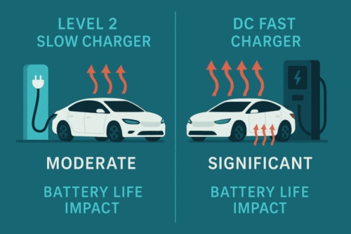  Comparative illustration of Level 2 slow AC charging and DC fast charging. Slow charging brings moderate impact on battery life with lower heat generation; fast charging produces more heat and causes relatively greater loss to battery lifespan.