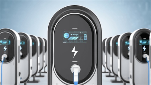 A row of public new energy vehicle DC charging piles, with a central charging screen displaying real-time charging data such as power, battery level and charging duration.