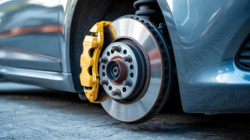 "New ventilated car brake rotor paired with a bright yellow performance brake caliper on a grey sedan"