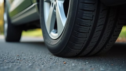 "Side close-up shot of a car tire with clear tread patterns resting on asphalt road surface"