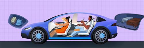 "Cutaway illustration of a blue electric SUV showing passenger seating layout and front-rear storage spaces"